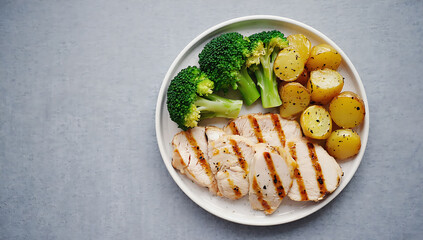 Grilled chicken breast with roasted potatoes and broccoli