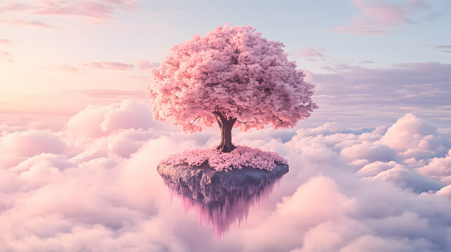 Beautiful cherry blossom tree floating above fluffy clouds at sunrise in a surreal landscape with soft pastel colors