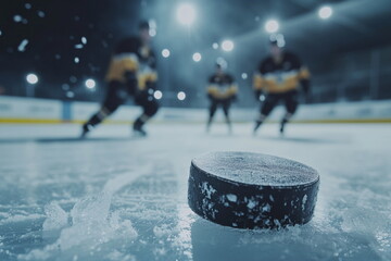 Fototapeta premium Professional hockey puck and players in background. Perfect for training visuals, championship themes, and cold weather sports.