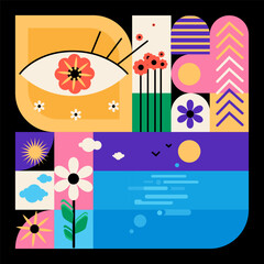 Abstract Geometric Illustration with Floral and Nature Elements Summer time.A modern surreal and artistic composition inspired by nature and symbolism.Modern geometric background.Vector illustration