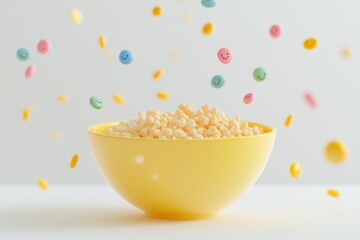 A yellow bowl filled with cereal, with colorful smiley-face candies floating around it.