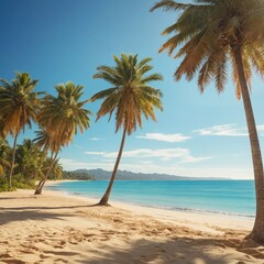 Fototapeta premium Serene tropical beach with golden sand, turquoise waves, and palm trees at golden hour