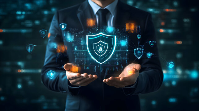 Professional in suit presenting digital security concepts with glowing icons