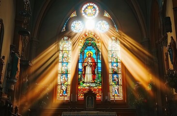 A stained glass window with the vibrant colors shining in the sunlight, featuring saintly emperors and holy figures, set against the backdrop of an ancient church.