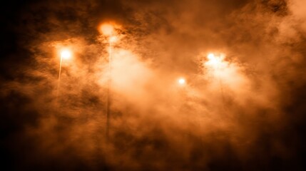 Mysterious Night Sky with Orange Fog and Light Beams