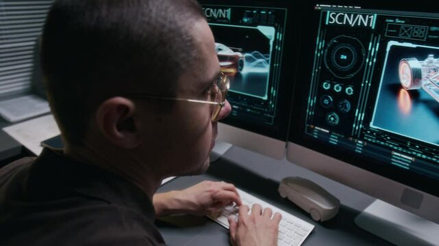 Arc medium closeup of inspired young male automotive engineer working on digital renders of new racing car prototype, typing on keyboard while entering specifications and refining design