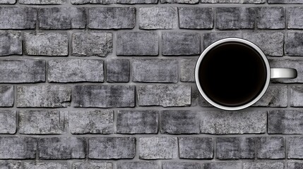 Top view of italian black coffee in transparent cup on a gray brick wall background, hyper realistic photo with high quality