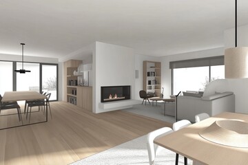 Fototapeta premium Modern Open Plan Interior Living Space Features Fireplace and Furniture