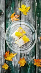 Top view of lemon sponge cake in transparent plate on a green rustic wooden planks surrounded by autumn leaves, hyper realistic photo with high quality