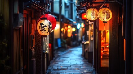 Enchanting Tokyo alleyway illuminated by traditional paper lanterns at twilight hour