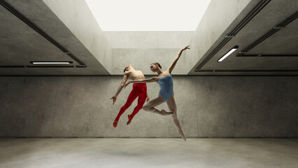 Duo of ballet dancer, dressed colorful clothes leaping in mid-air, raising their bodies to light...