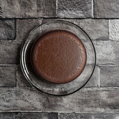 Top view of chocolate sponge cake in transparent plate on a gray brick wall background, hyper realistic photo with high quality --v 6.1 Job ID: 50de18cd-e62b-4968-b7b3-a5e1fa405952