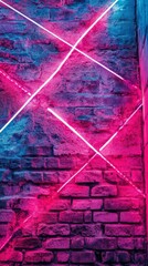 Grunge interior background with pink and purple neon lights illuminating a brick wall, creating a futuristic and abstract atmosphere Hyper-quality illustration with uulttra details