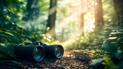 Exploring nature with binoculars on a sunlit forest path surrounded by lush greenery