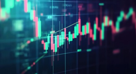 Stock market candlestick chart with green and red candles on a dark background. 