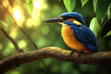 Fototapeta premium A vibrant blue bird perched on the branch of an ancient tree