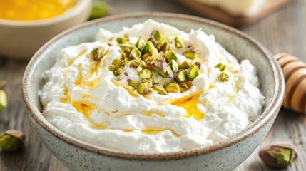 A bowl of creamy ricotta cheese with a drizzle of honey and a scattering of pistachios for an authentic Italian dessert.