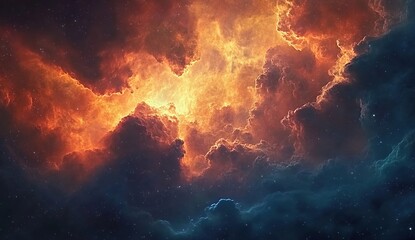 Fototapeta premium A cosmic scene with swirling nebulae in vivid shades of blue, purple, and red, interspersed with countless stars, creating a sense of depth and vastness in space.