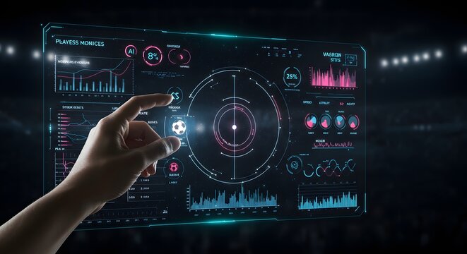 Futuristic sports analysis dashboard interface with data insights and statistics - Powered by Adobe