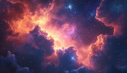 Naklejka premium A cosmic scene with swirling nebulae in vivid shades of blue, purple, and red, interspersed with countless stars, creating a sense of depth and vastness in space.