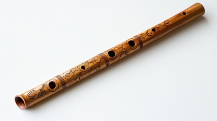 Ornate bamboo flute with carved designs, isolated on white.