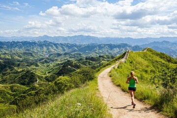 Trail running is what a woman is doing at the Great Wall, situated atop a mountain