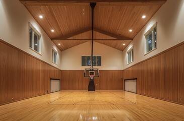 An indoor basketball court with a shiny wooden floor marked with white lines. The court has a basketball hoop in the center. 