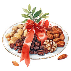 My Watercolor Haft sin Nuts and Dried Fruits with red ribbon on a white plate. Traditional Persian New Year Garlic, isolated on a white background. Nowruz vector design set	