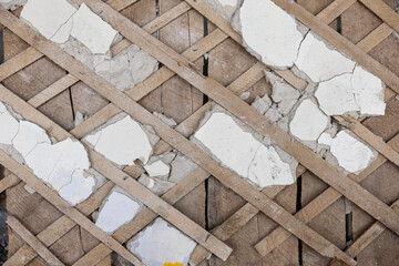 Old exterior brick wall. Old destroyed wall structure in vintage style. Abstract background texture texture. Old exterior wall. Abstract wall with painted grunge background.