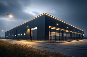 The exterior of an industrial warehouse is illuminated by LED street lights at night, showcasing the advanced lighting technology for energy-efficient illumination and static electricity protection.
