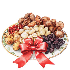 My Watercolor Haft sin Nuts and Dried Fruits with red ribbon on a white plate. Traditional Persian New Year Garlic, isolated on a white background. Nowruz vector design set	