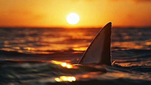 A shark fin emerges from the tranquil ocean waters as the sun sets on the horizon. The colorful sky reflects on the water, creating a stunning backdrop