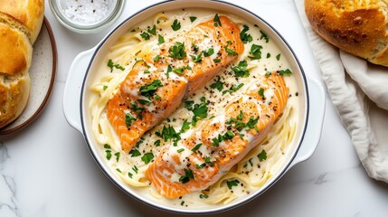Baked salmon fillets served on creamy pasta with parsley garnish, presented in a white pan.