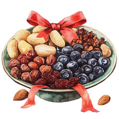 Watercolor Haft sin Nuts and Dried Fruits with red ribbon on a white plate. Traditional Persian New Year Garlic, isolated on a white background. Nowruz vector design set	