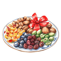 My Watercolor Haft sin Nuts and Dried Fruits with red ribbon on a white plate. Traditional Persian New Year Garlic, isolated on a white background. Nowruz vector design set	