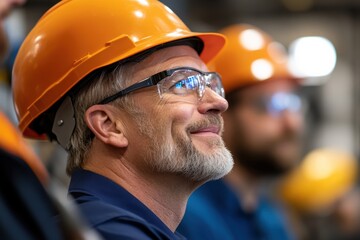 A professional wearing an orange hard hat and protective glasses looks upward, evaluating a safety-conscious workplace while exuding confidence in a manufacturing environment.