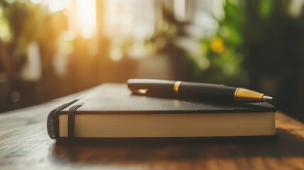Elegant leather-bound notebook with a luxury pen on a modern office table with soft lighting.