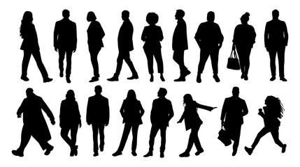 Silhouettes of different People Standing and walking. Male and Female Characters vector black monochrome illustrations, icons Isolated