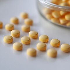 Close-up of round yellow vitamin pills on a white table.