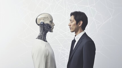 ヒューマノイドと生身の人間が向き合っているシーンで、男性がスーツを着て恐怖心や猜疑心を抱えながらヒューマノイドに対峙し、シンギュラリティやAI、共存の不安を感じるイメージ