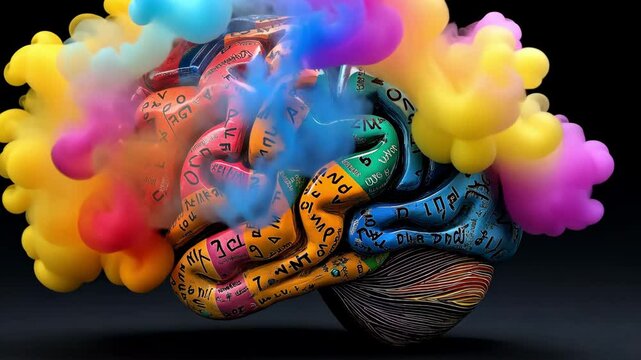 Colorful brain model filled with letters and numbers, signifying reading, language development, and knowledge acquisition