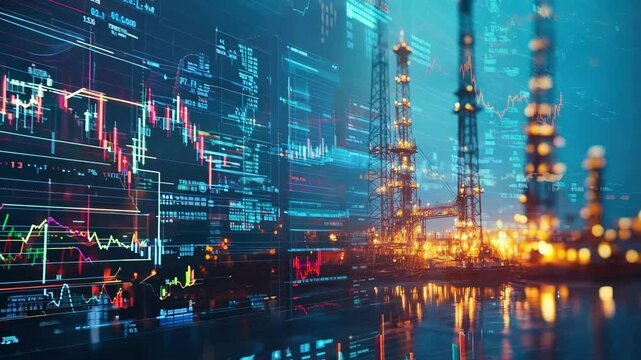 This clip focuses on the oil industry with a nighttime perspective of drilling rigs illuminated by bright lights, paired with financial data overlays. Insights into market trends are provided