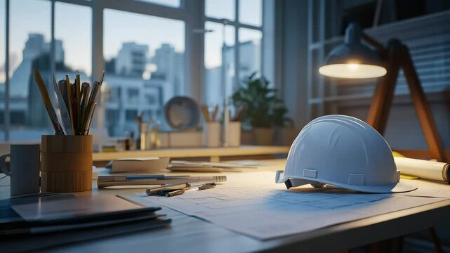 A well-lit workspace showcases architectural plans, drafting tools, and a hard hat on a table as evening sets in through the windows, creating a productive atmosphere