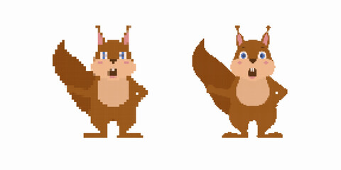 Fototapeta premium Two pixel art squirrels with large bushy tails face forward with hands on hips in similar poses.