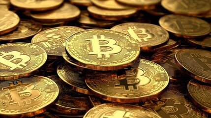 Golden Bitcoin floating in a digital blockchain matrix background.