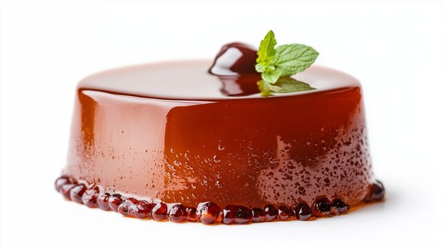 Round gelatin aspic garnished with cherries and mint leaves on a white background, elegant and artistic plating.
