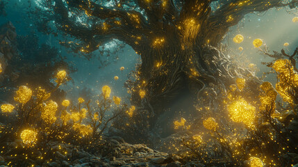 巨大な古代樹がそびえる森の秘境