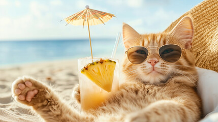 A cat in sunglasses and hat lounging on a beach chair with a cocktail with an umbrella