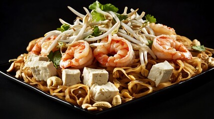 Thai pad Thai noodles stir fried shrimp tofu bean sprouts and peanuts served on a black background