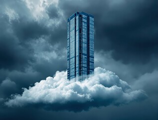 A Corporate Skyscraper Floating on a Storm Cloud, Representing the Unpredictability of Business